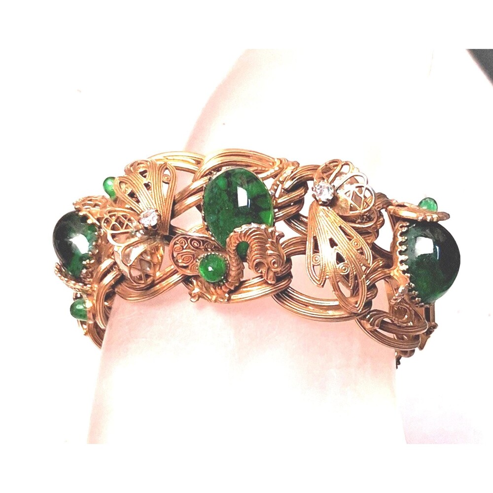 Vintage Selro Dragon Bracelet Green Glass Cabochons Rhinestones Asian Revival